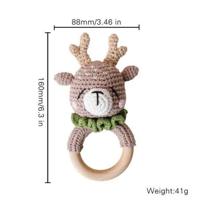 Baby Wooden Teether Rattle – Crochet Animal Newborn Toy - KinBuB