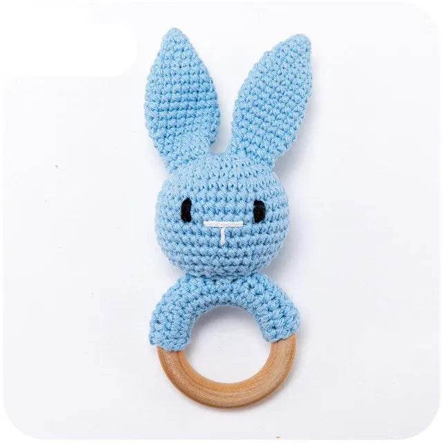 Baby Wooden Teether Rattle – Crochet Animal Newborn Toy - KinBuB