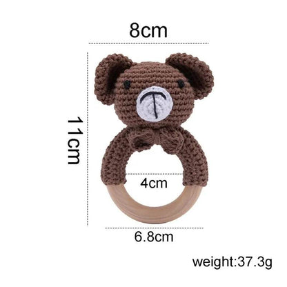 Baby Wooden Teether Rattle – Crochet Animal Newborn Toy - KinBuB