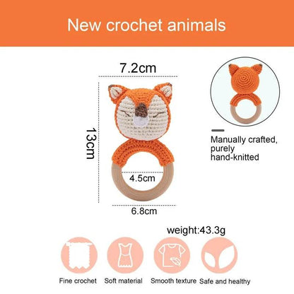 Baby Wooden Teether Rattle – Crochet Animal Newborn Toy - KinBuB